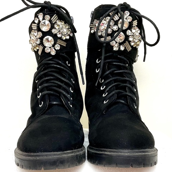 BLACK SUEDE ROUNDED TOE SIDE ZIP BUCKLE LACE UP ANKLE BOOTS WITH CRYSTAL DETAIL - Picture 15 of 16